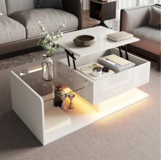 Ulife Couchtisch Beistelltisch mit Glasplatte und LED-Beleuchtung, höhenverstellbar (1-St), App-steuerbare Lichtleiste – kombinierter Stauraum​