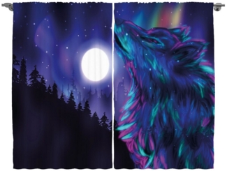 Abakuhaus Gardine Schlafzimmer Kräuselband Vorhang mit Schlaufen und Haken, Mond Aurora Borealis und Wolf