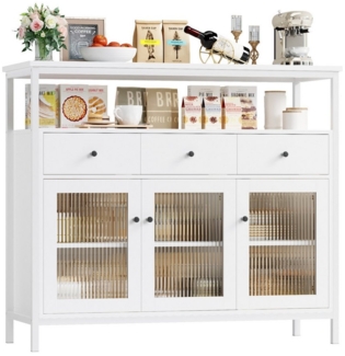 Homfa Sideboard Küchenschrank mit Glastüren und Schubladen, für Küche Wohnzimmer Esszimmer, verstellbare Ablage, Weiß