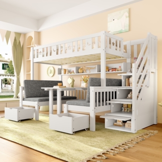 Hochbett, Multifunktionales 2-in-1-Bett und Schreibtisch, Stauraumleiter, Dekorativer Zaun mit Sternen und Mond, Holz, Weiß, 90 x 200 cm