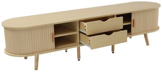 KLAM HOME Lowboard Lowboard TV Schrank Mit Runder Tischplatte Und Teleskop Schiebetüren (Modernes Wohnzimmer Lowboard In Walnuss Optik Mit 2 Schubladen), TV Unterschrank Bis 75 Zoll Mit Stauraum Für Audio Video Geräte