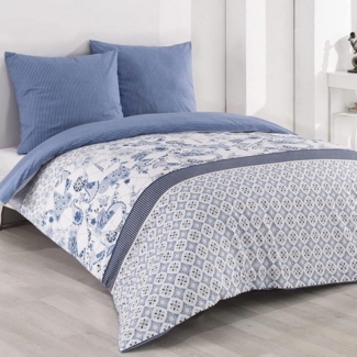 Buymax Bettwäsche Wendebettwäsche, Bettbezug-Set, 100% Baumwolle Renforce, 2 teilig, 135x200 cm, Reißverschluss, hochwertig, Blau, Weiß