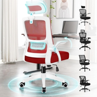 Ergonomischer Büro-Drehstuhl mit Lordosenstütze und Kopfstütze, Rot