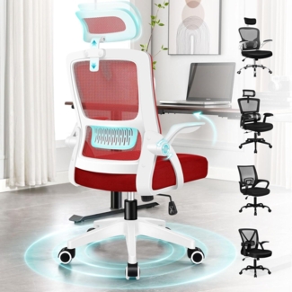 Ergonomischer Büro-Drehstuhl mit Lordosenstütze und Kopfstütze, Rot