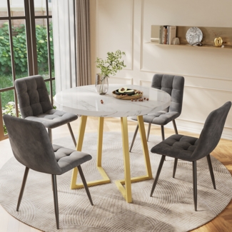 Merax Esstisch-Set (5-teilig), Esstisch-Set mit 4 Stühlen, modernes Küchentisch-Set, runder Küchentisch mit 80 cm Durchmesser und goldenen Metallbeinen, weiße MDF-Tischplatte, dunkelgraue Samt-Esszimmerstüh