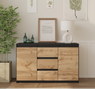 Furnica Sideboard MIKEL, 3 Schubladen und 2 Türen - Anthrazit/Wotan Eiche H75cm B120cm