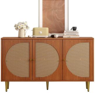 REDOM Sideboard Kommode (mit 3 Rattan verzierten Türen Kommode Highboard mit Metallgriffe), Nussbaum 129.8x 40x 76cm