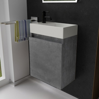 Alpenberger Badmöbel-Set Gäste WC Waschbecken mit Unterschrank - Badschrank Hängend, (Hängeschrank mit Softclose, Waschtisch mit Unterschrank Cement), Gäste WC Möbel - Kleiner Badezimmerschrank Vormontiert