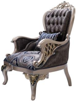 Casa Padrino Luxus Barock Sessel mit dekorativem Kissen Blau / Silber / Gold 81 x 85 x H. 119 cm - Barock Wohnzimmer Sessel - Barock Möbel