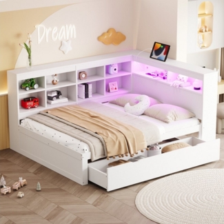 MODFU Schlafsofa Kinderbett mit USB-Steckdose und mehreren Ablagefächern, Multifunktionales Massivholz Tagesbett 140x200 cm, LED-Beleuchtung und viel Stauraum, Modernes Design, mit Schubladen, Regalen, Daybett für Schlafzimmer und Gästezimmer, für Erwa...