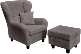 Ohrensessel mit Hocker Landhausstil Polster-TV-Lesesessel mit Cordstoff in Grau