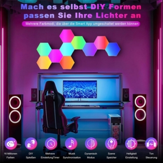 skelo LED Wandleuchte LED Sechseck Gaming Wandleuchte, 6-20PCS Hexagon RGB LED Panel, Gamer Lampe, Sechseck Waben Gaming Deko Wand Licht, Led Hexagon, Farbwechsel, Helligkeitseinstellung, Geschwindigkeitskontrolle, Zeiteinstellung und Musiksynchronisat...