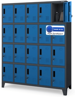 Schließfachschrank Spind TAMPA - 20 Fächer, Etikettenhalter Lüftungsschlitze | Wertfachschrank Umkleideschrank Metall Kleiderspind, 172x136x45cm Anthrazit-Blau
