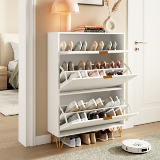 PXloue Schuhschrank mit 2 Klappen Schuhregal Schukipper( mit Kippsicherung) Schuhkommode im Flur Diele,Trennwand verstellbar, 118,5x24x80cm