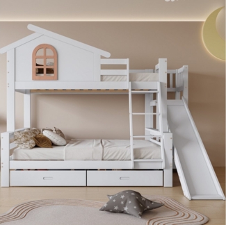 XDeer Etagenbett Kinder und Mutterbett 90x200 & 120x200cm mit Kipptreppe, mit Rutsche, zwei Schubladen, Bettrahmen aus Massivholz