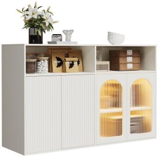 HAUSS SPLOE Sideboard mit Glastür, LED-Licht Holzschrank für Küche Wohnzimmer weiß (Kommode, freistehender Holzschrank, 1 St, 4 Türen und 2 offene Fächer), mit LED-Licht, 140×35×90cm