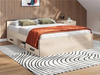 Vente-unique - Bett mit Stauraum 140 x 190 cm - 2 Schubladen und 1 Ablagefach - Holzfarben + Lattenrost + Matratze - PABLO