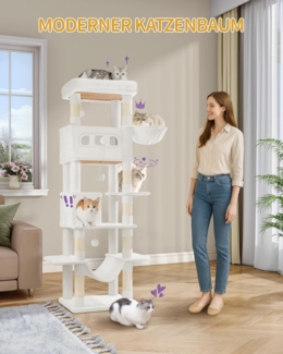 Kratzbaum groß, 170 cm hoch, Katzenbaum, mit 8 Kratzbäume, 2 Höhlen, groß Plattformen, Waschbare Matte, Hängematte, Plüschbälle, mehrstöckiger katzenkratzbaum, Cremeweiß