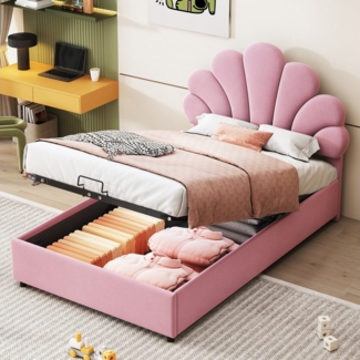 REDOM Polsterbett Kinderbett Stauraumbett Funktionsbett Doppelbett (mit Stauraum, höhenverstellbares florales Kopfteil, Samtstoff, für Jugend- und Kinderzimmer, 90x200 cm), Ohne Matratze