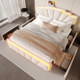 LVHOM Polsterbett 160x200cm mit LED&USB, Doppelbett mit vier Schubladen, Jugendbett mit höhenverstellbarem Kopfteil, Holzbett mit Lattenrost