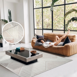 Teppich Wohnzimmer - 200x290cm - Beige Terra - Boho-Style mit Fransen - Gemotrische Muster - Flachflor Wohnteppich Schlafzimmer Deko