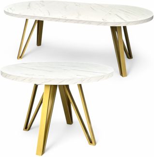 Runder Ausziehbarer Esstisch Weißer Marmor (Ø110/210 cm) mit Goldenen Metallbeinen