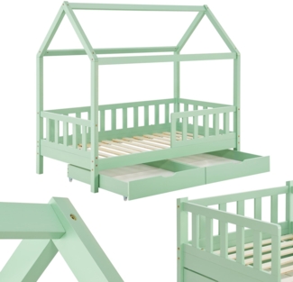 Juskys Kinderbett Marli 80x160 cm mit Bettkasten 2-teilig, Rausfallschutz, Lattenrost & Dach - Massivholz Hausbett für Kinder - Bett in Mint