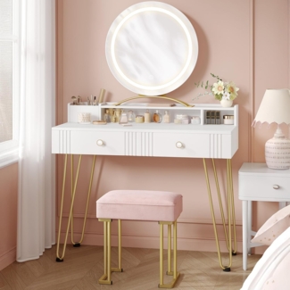 Schminktisch mit Hocker und Beleuchtung, Schminktisch mit Spiegel, 40 90 140 cm, Schminktische mit Schubladen, Rosa Gepolsterter Hocker, Schlafzimmer, ModernMattwei? und Gold