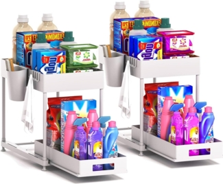 Refined Living Ablageregal Waschbecken Regal, Küchenschrank Organizer, Spülschrankregal Organizer, Lagerregal mit 2 Ebenen, mit Schiebeschublade, 4 Haken und 1 TassenSpülschrank Organizer, 2-tlg, Unter Waschbecken Regal,Arbeitsplatte Regal mit Schiebes...