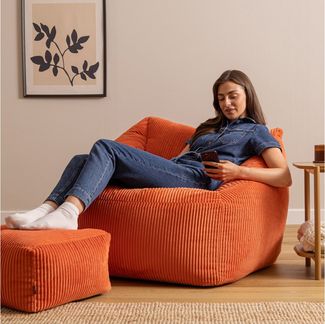 Icon Natalia Sitzsack Sessel mit Hocker für Erwachsene, Orange, Flauschiger Cord Stoff, Riesen Sitzsack Cord mit Füllung, Bean Bag Chair, Bequemer Sessel Wohnzimmer, Lounge, Schlafzimmer, Büro