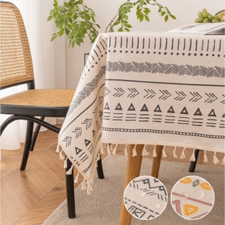 Sunicol Tischdecke Leinenoptik Tischdecke mit böhmischer Quaste, Wasserdicht, Öldicht, Vintage, Geometrische, für Küche Esstisch Dekoration