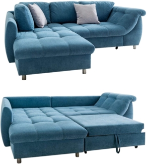 ECKSOFA mit Schlaffunktion, Bettkasten, Wellenunterfederung, Ottomane links B250/T190/H84 cm, Liegefl. 179x190 cm, Mikrofaser Blau