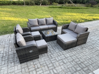 Fimous 10-Sitzer Gartenmöbelset Rattan Garten Sofa im Freien Sessel mit Gehärteter Glastisch 3 Hockern Dunkelgrau Gemischt