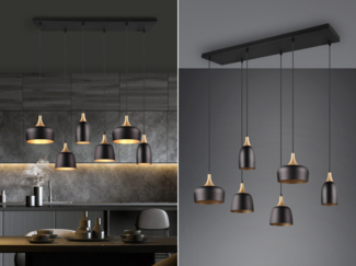 TRIO Leuchten Pendelleuchte CHIRAZ, Hängeleuchte 6-flammig schwarz messing gold max 150cm Höhe, Leuchtmittel wechselbar, warmweiß - kaltweiß, Hängelampe exkl 6x E14 max 25W, Industrie Loft Stil 3 Schirmformen