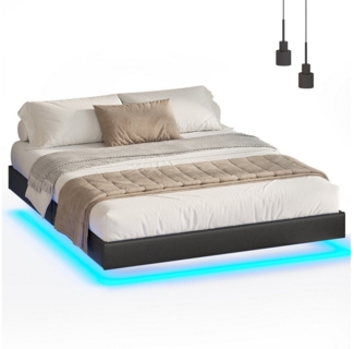 MSMASK Bett Schwebebett Doppelbett Bettgestell Bettrahmen mit LED Beleuchtung, 160x200cm