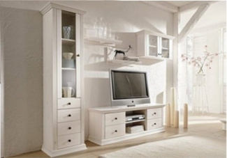 Clever-Moebel Wohnwand 5tlg. Wohnwand aus Kieferholz im Landhausstil TV Regal Schrank, (bestehend aus Vitrine, Lowboard, Hängeschrank, Wandregal 2er Set)