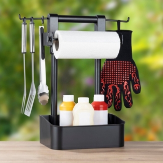 Haushalt International Grillhaken Chefware BBQ Grillbutler für Grillbesteck mit Küchenrollenhalter, einstellbare Haken für Küchenhelfer / Grillzange