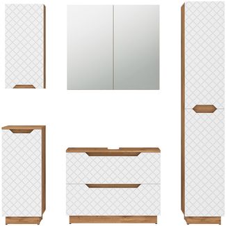 Badmöbel-Set Lotta Eiche/Weiß mit Kachelstruktur 5 Teile Vicco