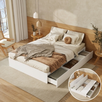 Merax Doppelbett, Massivholzbett, Funktionsbett, Palettenbett, Stauraumbett 140 x 200 cm, mit Stauraumbox unter dem Bett, mit Schubladen, ohne Matratze, weiß