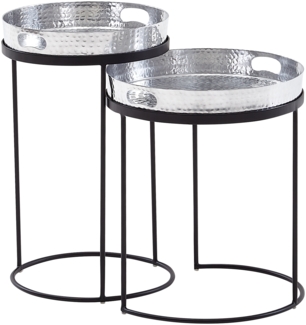 Beistelltisch 2er Set Silber / Schwarz Metall Hammerschlag Satztisch Rund, Couchtisch abnehmbares Tablett, Tabletttisch Sofa 2 teilig Modern, Runder Sofatisch