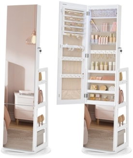 SONGMICS Schmuckschrank mit Ganzkörperspiegel, Schmuckaufbewahrung, Spiegelschrank mit 4 Ablagen, integrierte LED-Beleuchtung, 360° drehbar, Schlafzimmer, Ankleidezimmer, Flur, wolkenweiß
