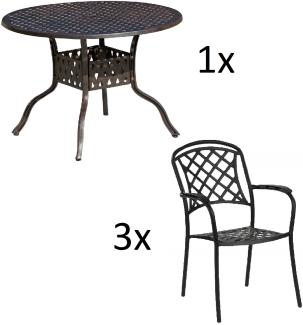 Inko 4-teilige Sitzgruppe Aluminium Guss bronze Tisch Ø 106 cm mit 3 Sesseln Tisch Ø106 cm mit 3x Sessel Capri