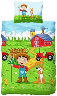 JACK Babybettwäsche 100x135 cm Bauernhof Traktor Hund, Renforcé, 2 teilig, Babybettwäsche, kleine Farm, Hof, Reißverschluss