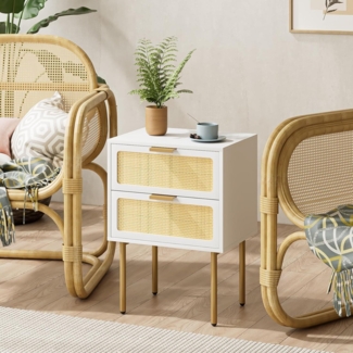 Rattan Nachttisch mit 2 Schubladen, Schlafzimmer Kommode