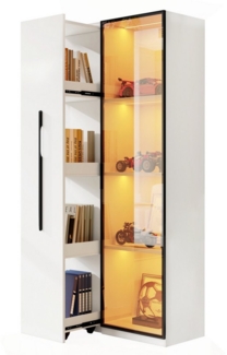 MODFU Vitrine mit Ausziehbarem Bücherregal (Multifunktionsschrank, Esszimmersch, 1-St, 1 Tür, 1 seitliche Schublade) mit Rollen und LED-Beleuchtung