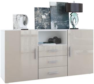 Vladon Sideboard Skadu, Kommode mit 2 Türen, 3 Schubladen und 1 offenem Fach, Weiß matt/Sandgrau Hochglanz (138,5 x 71,5 x 35 cm)