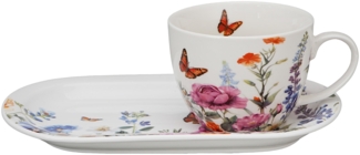 DUO Flowers Classic SUMMER Frühstücks-Set Tasse 450 ml mit langem Unterteller, New Bone China Porzellan