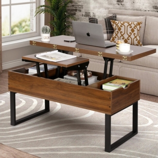 VOWNER Couchtisch 3-in-1 Mehrzweck-Wohnzimmertisch, höhenverstellbar, Esstisch, 100 × 50 × 45 cm/100 × 100 × 45 cm