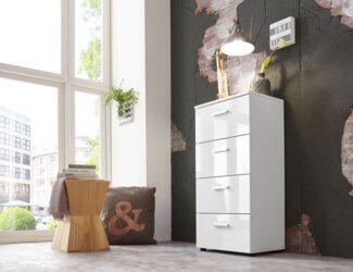BMG Möbel Kommode Monaco (Schubkastenkommode mit 4 Schubkästen, 44 cm breit), Fronten und Oberboden in Hochglanz weiß