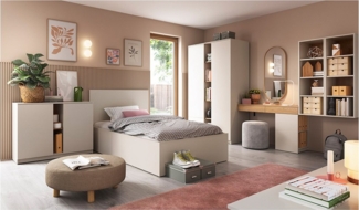 Lomadox Jugendzimmer-Set FIER-129, (Sparset, 7-tlg, Sideboard Bett Kleiderschrank Schreibtisch Regale), kaschmir mit Eiche, Jugendbett 120x200cm, grifflos